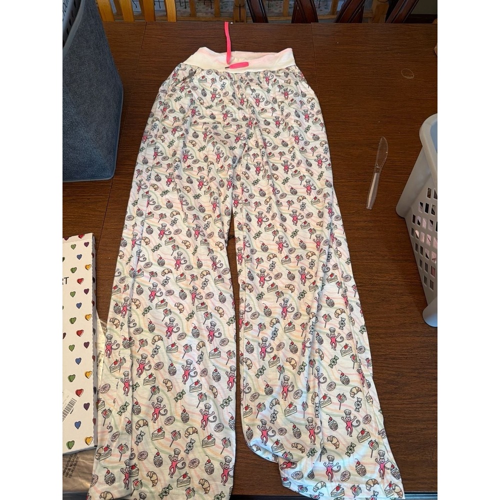 Monkey Chef Pastry Print Pajama Pants XS Wide Leg Lounge Bottoms Pink White